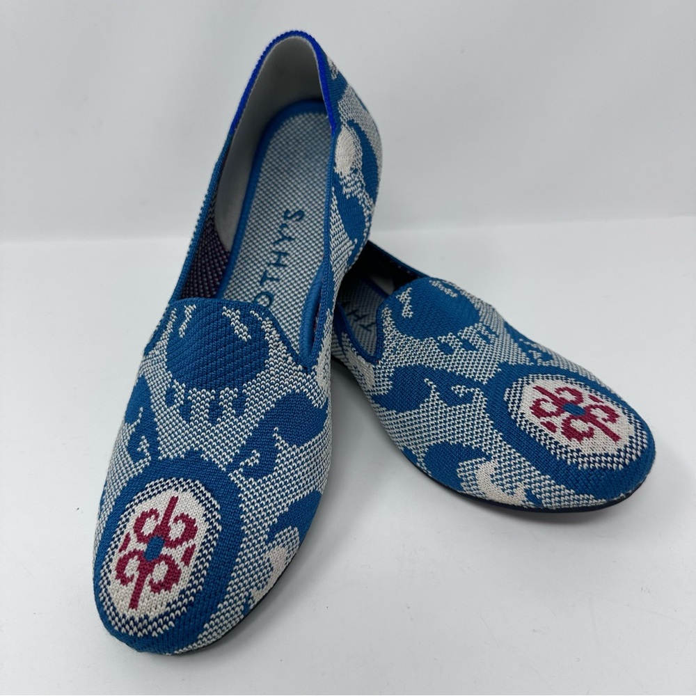Rothy's Blue White Patterned Knit Flats with Pink Accent
